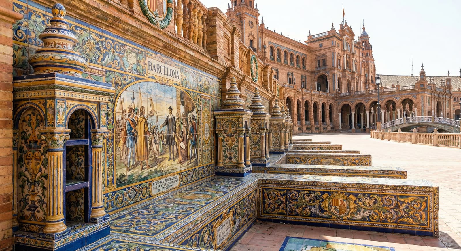 Bancos de azulejos pintados a mano en la Plaza de España de Sevilla, representando provincias españolas