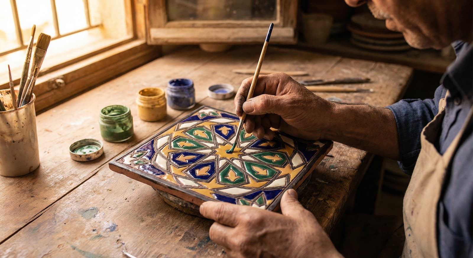 Artesano aplicando la técnica de cuerda seca sobre un azulejo cerámico en un taller de Triana