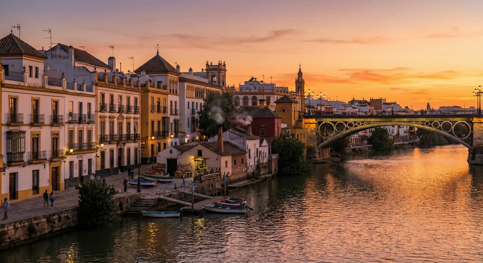 Vista del barrio de Triana y el Guadalquivir al atardecer en Sevilla