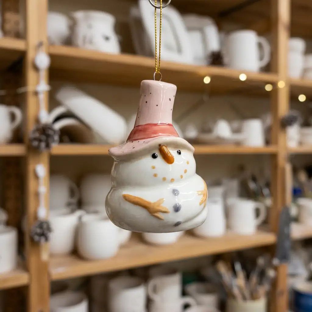 Ceramic snowman Christmas ornament with a pink top hat and carrot nose