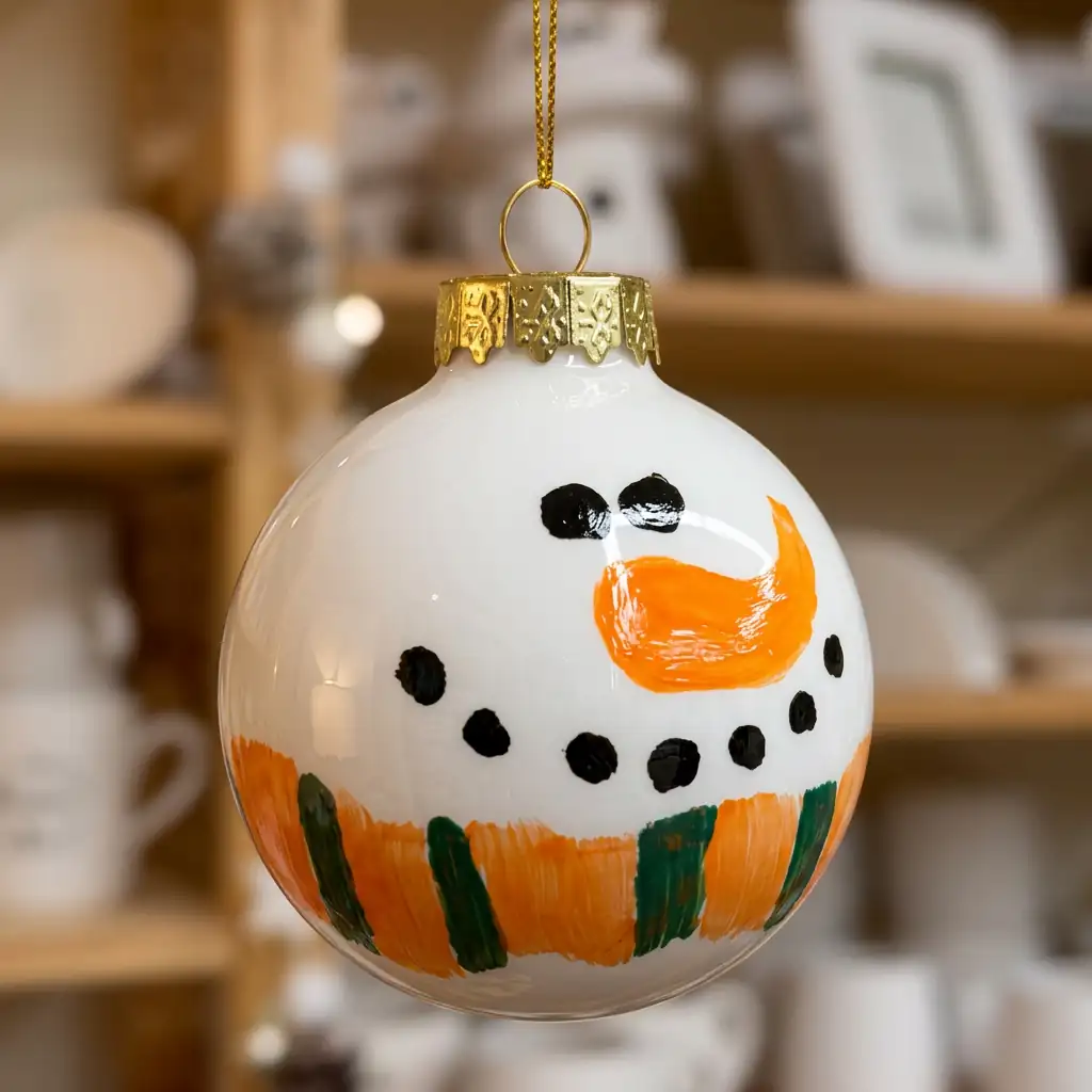 Ceramic Christmas bauble painted as a snowman with a striped scarf