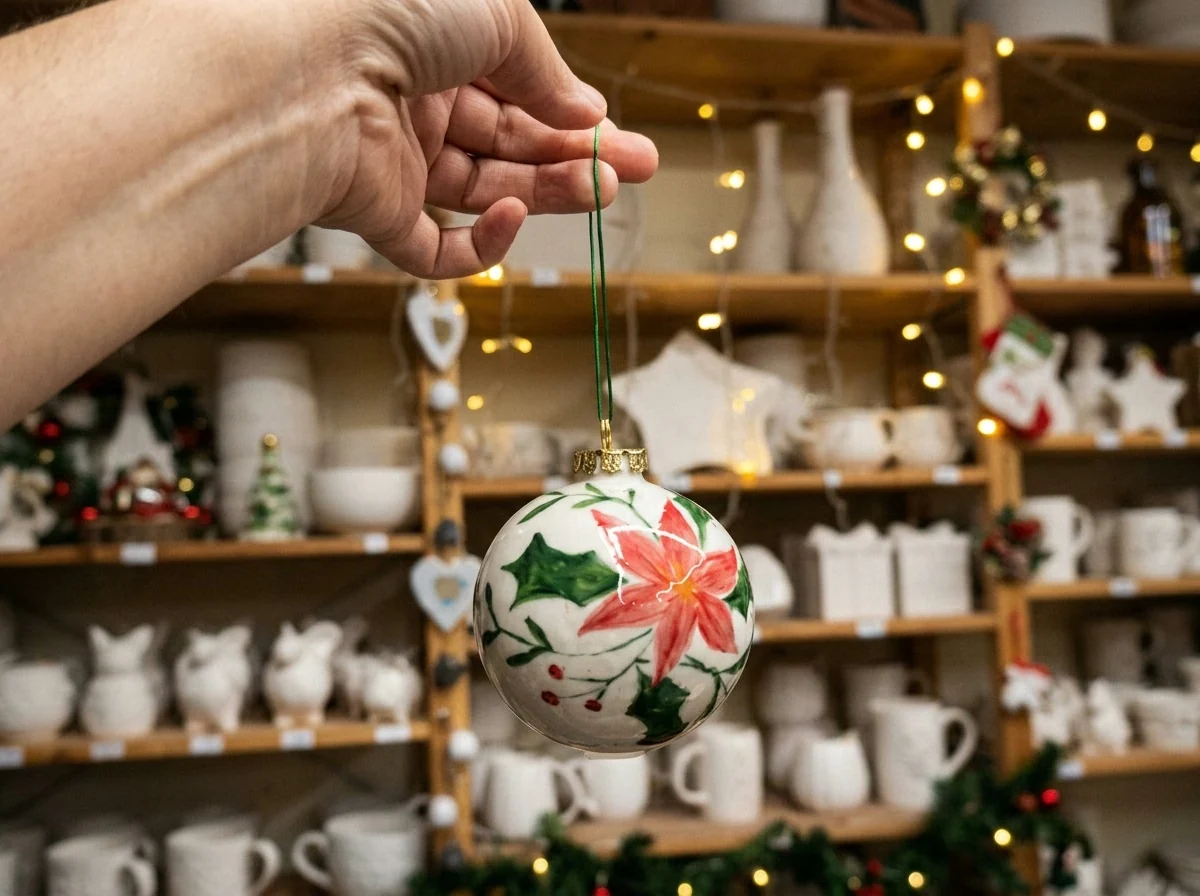 Hand holding a ceramic Christmas bauble painted with a poinsettia