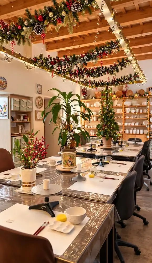 Our Triana ceramics workshop decorated for Christmas, with garlands of lights and tables set up for painting