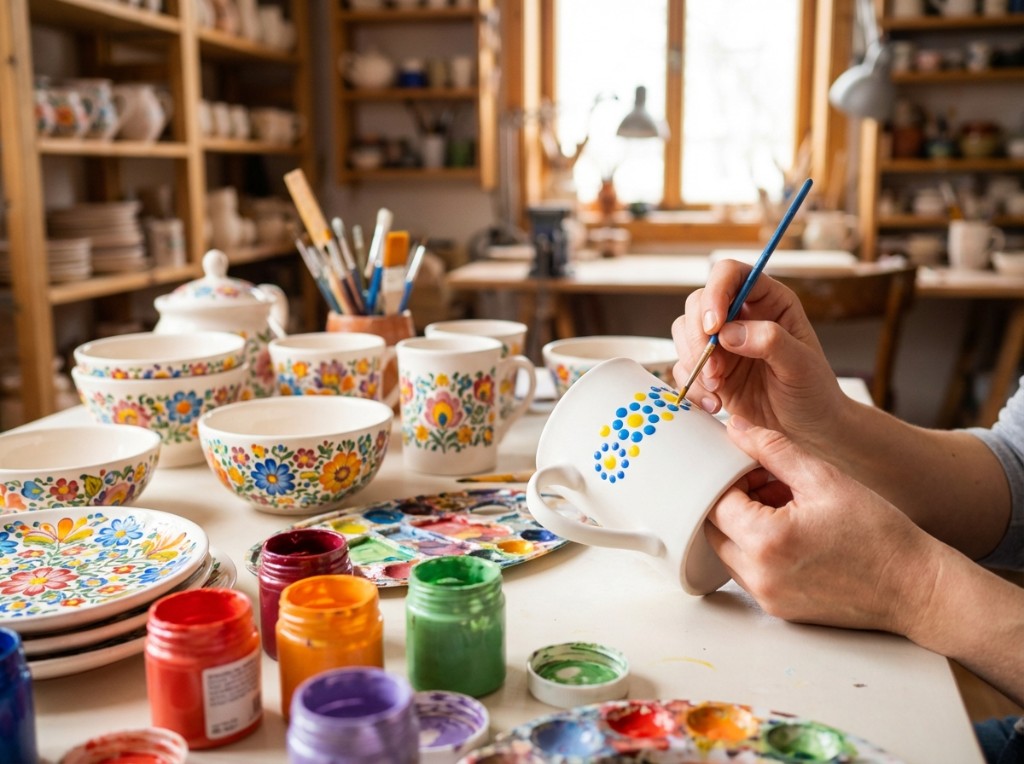 Manos pintando una taza de cerámica con esmaltes de colores