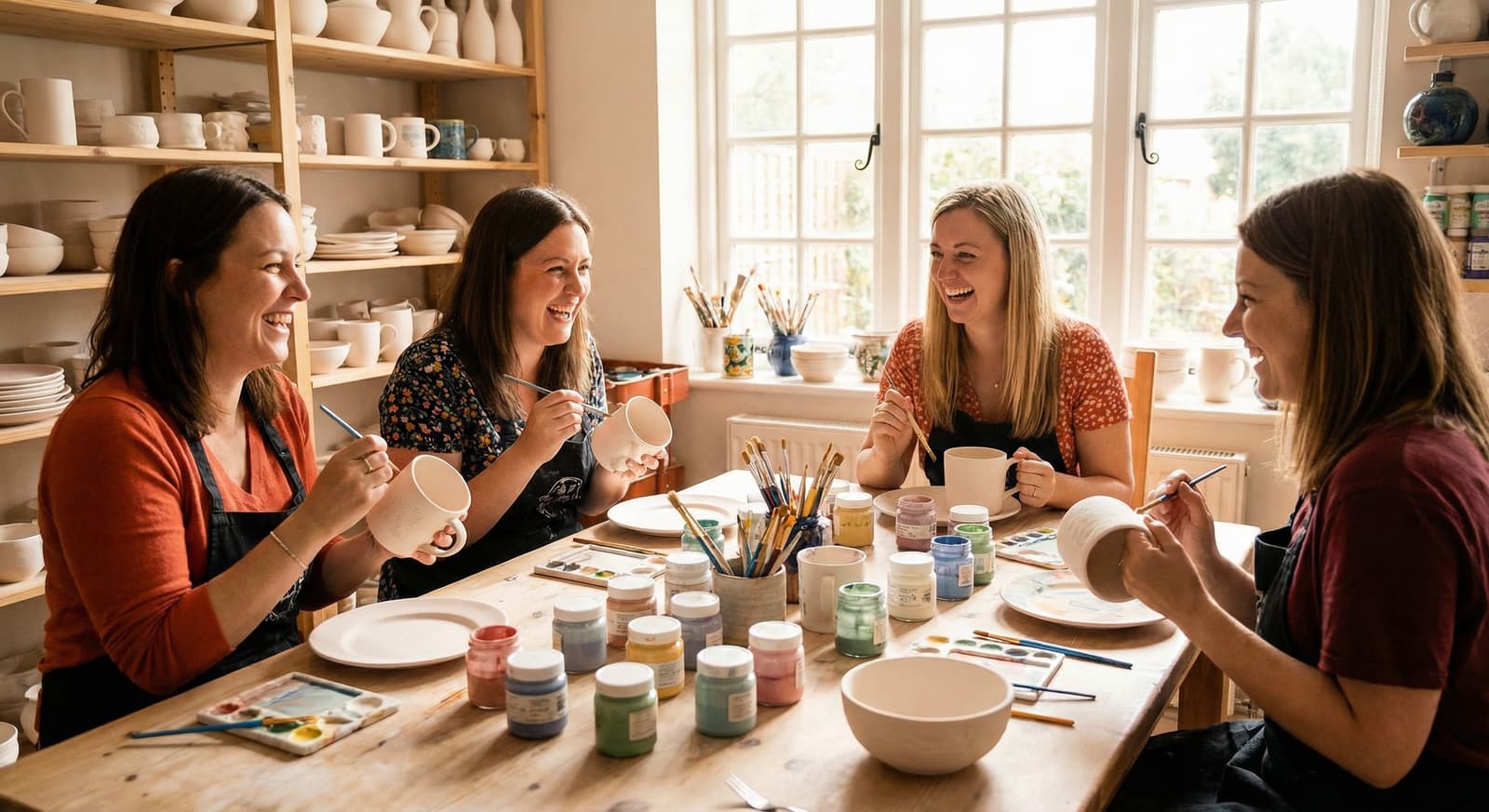 Grupo de amigas pintando tazas de cerámica en el taller de Triana