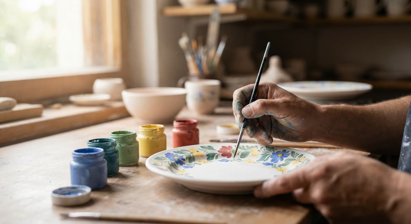 Manos pintando un plato de cerámica con esmaltes florales
