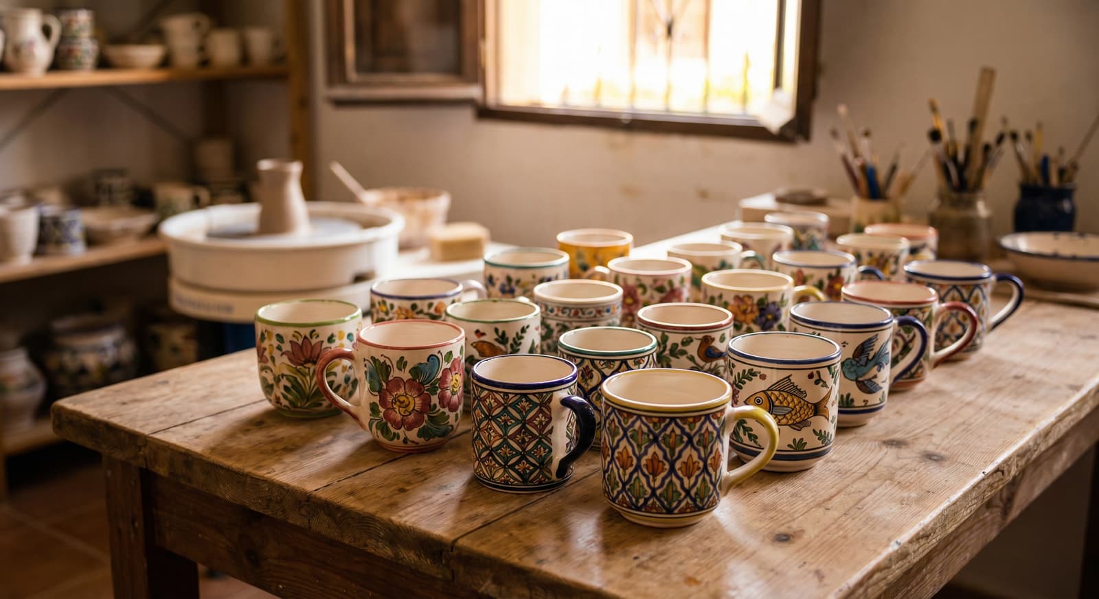 Variedad de tazas de cerámica pintadas a mano en el taller de Triana, Sevilla