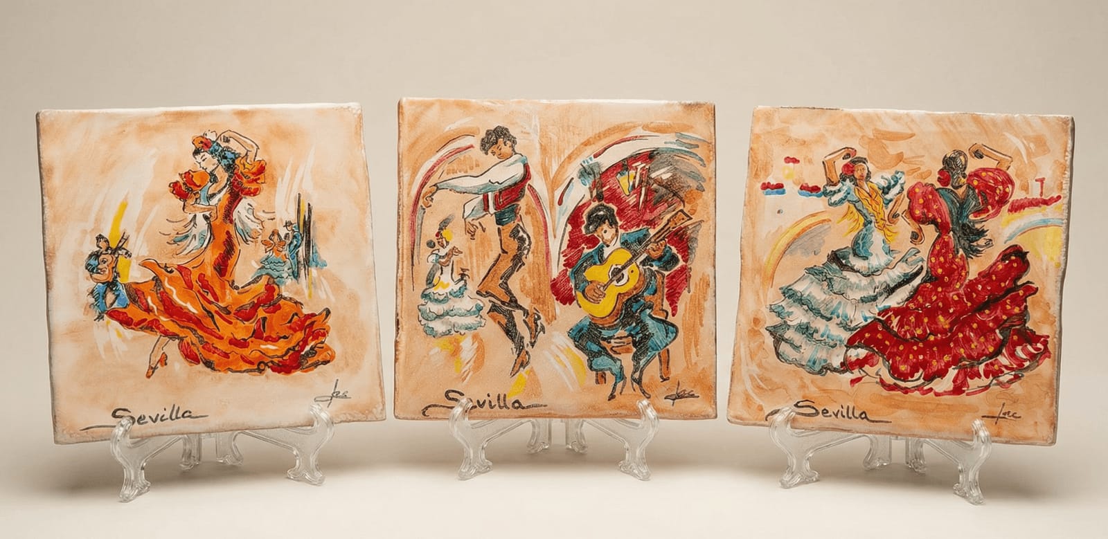 Tiles with a flamenco scene, hand-painted artisan ceramic