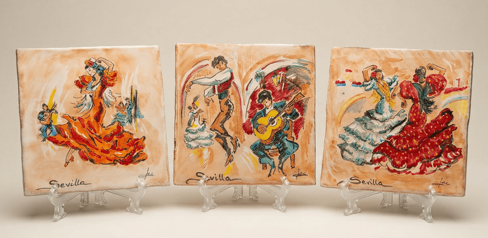 Azulejos con escena flamenca pintados a mano en cerámica artesanal