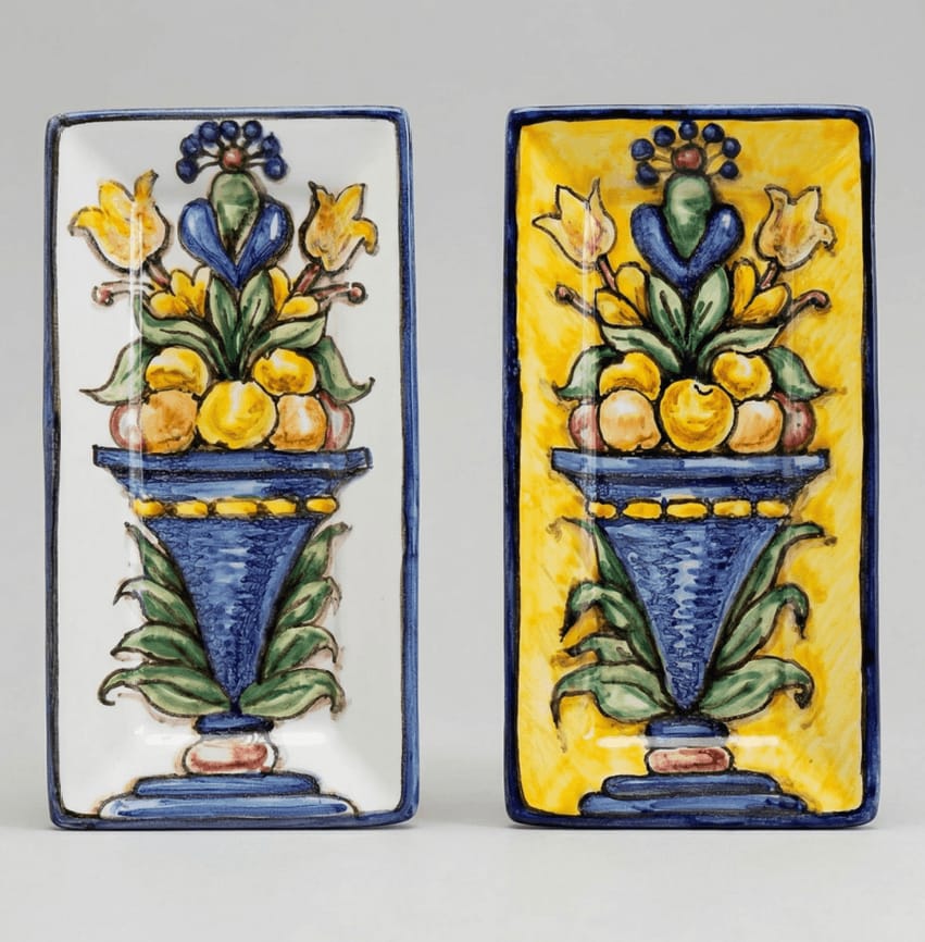 Decorative hand-painted ceramic tray at the Triana workshop
