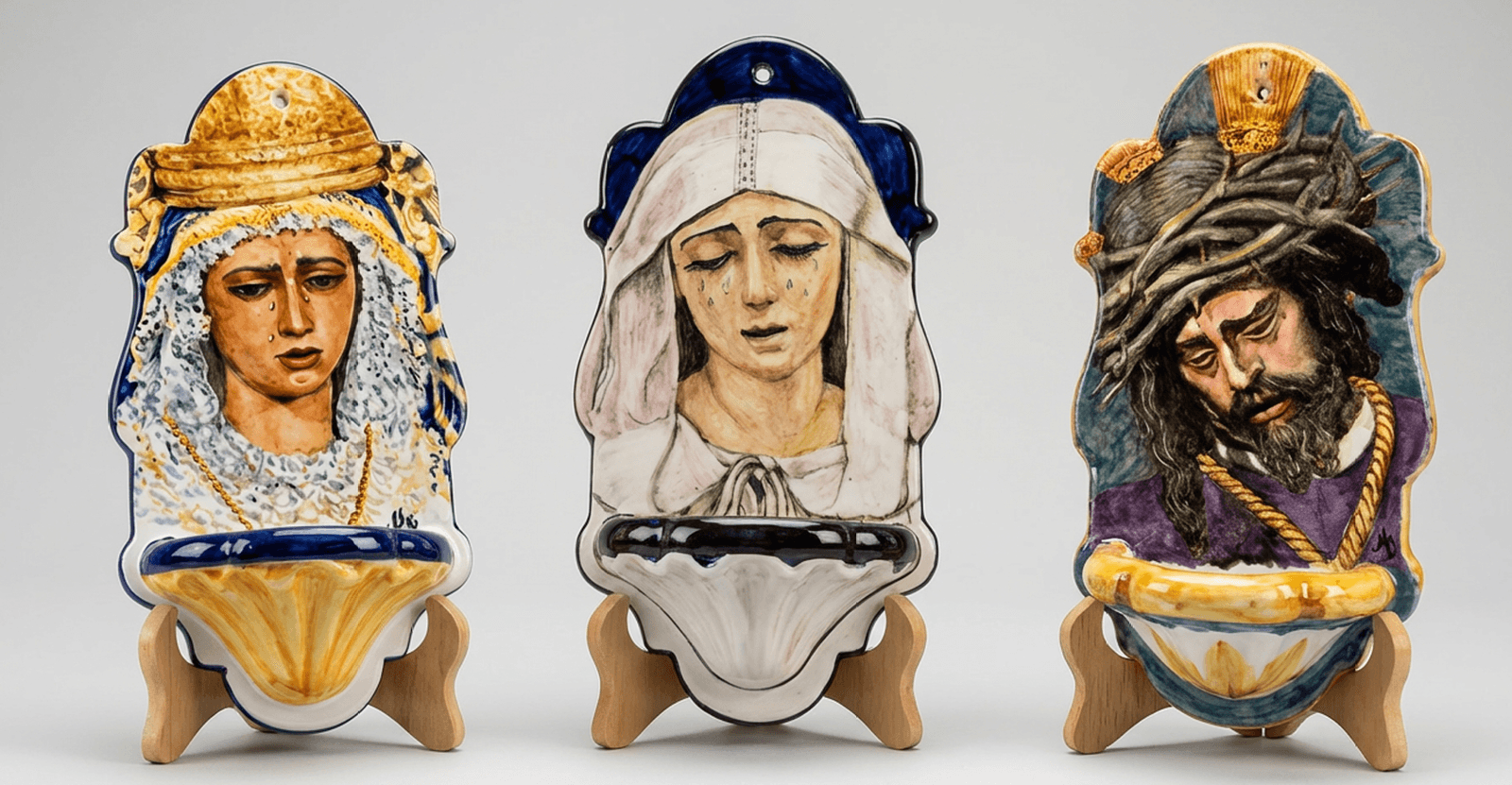 Benditeras de cerámica pintadas a mano con motivos religiosos