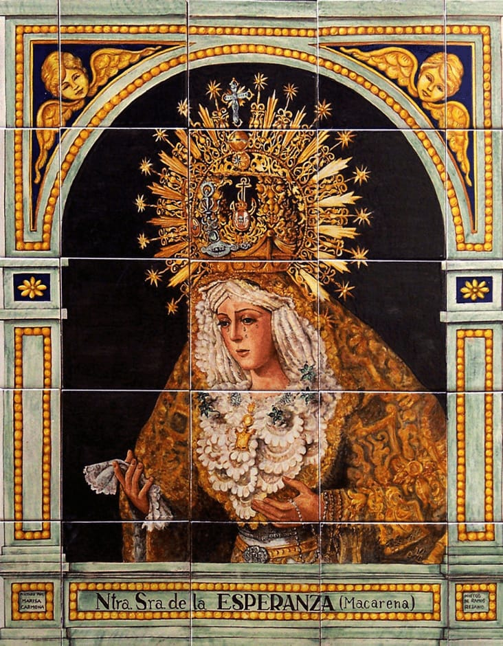 Detail of Virgen de la Macarena on hand-painted ceramic