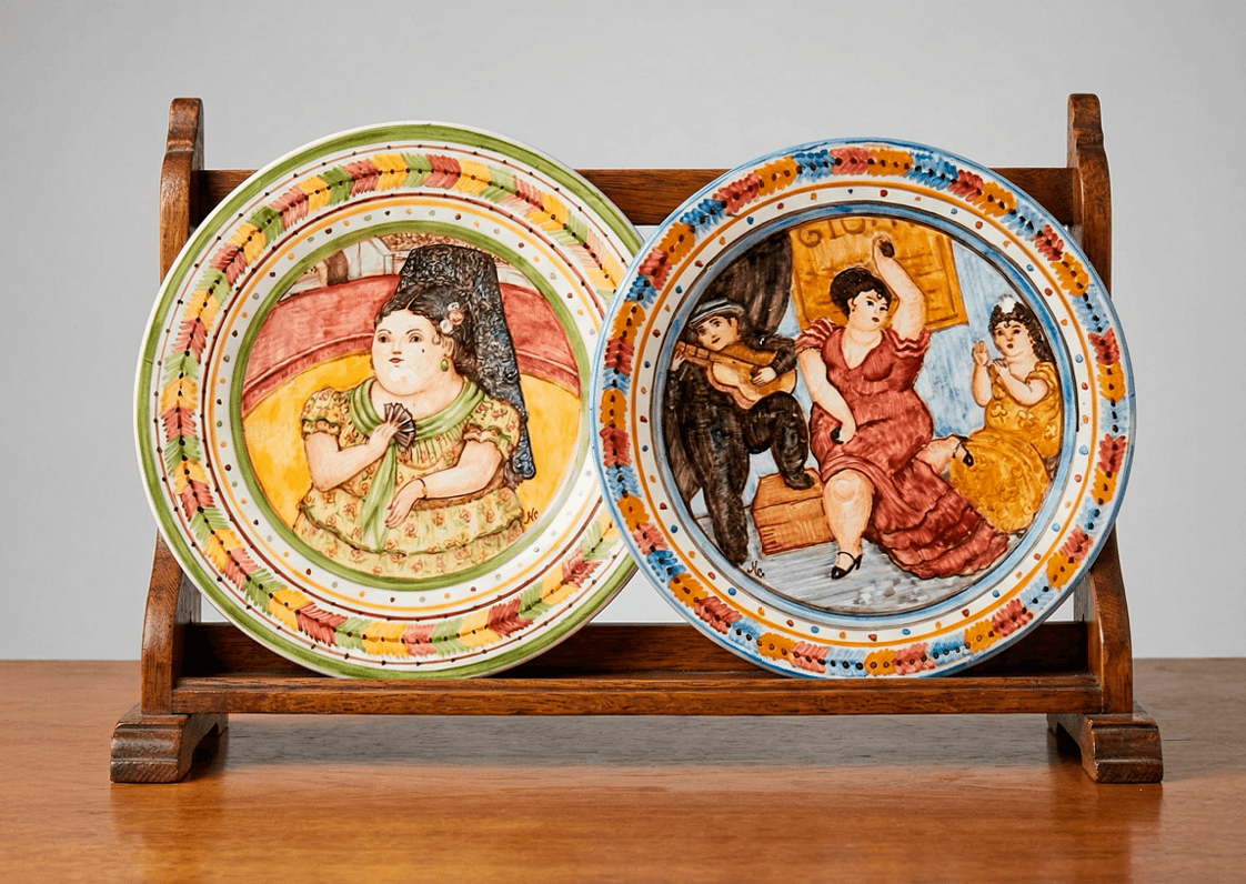 Platos de cerámica pintados a mano con motivos artísticos inspirados en Botero