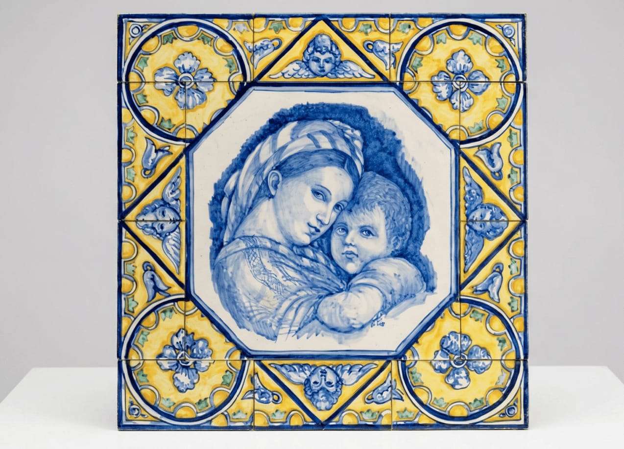 Hand-painted religious ceramic altarpiece with traditional Seville techniques
