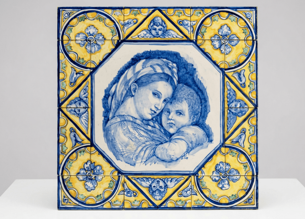 Retablo cerámico religioso pintado a mano con técnicas tradicionales sevillanas