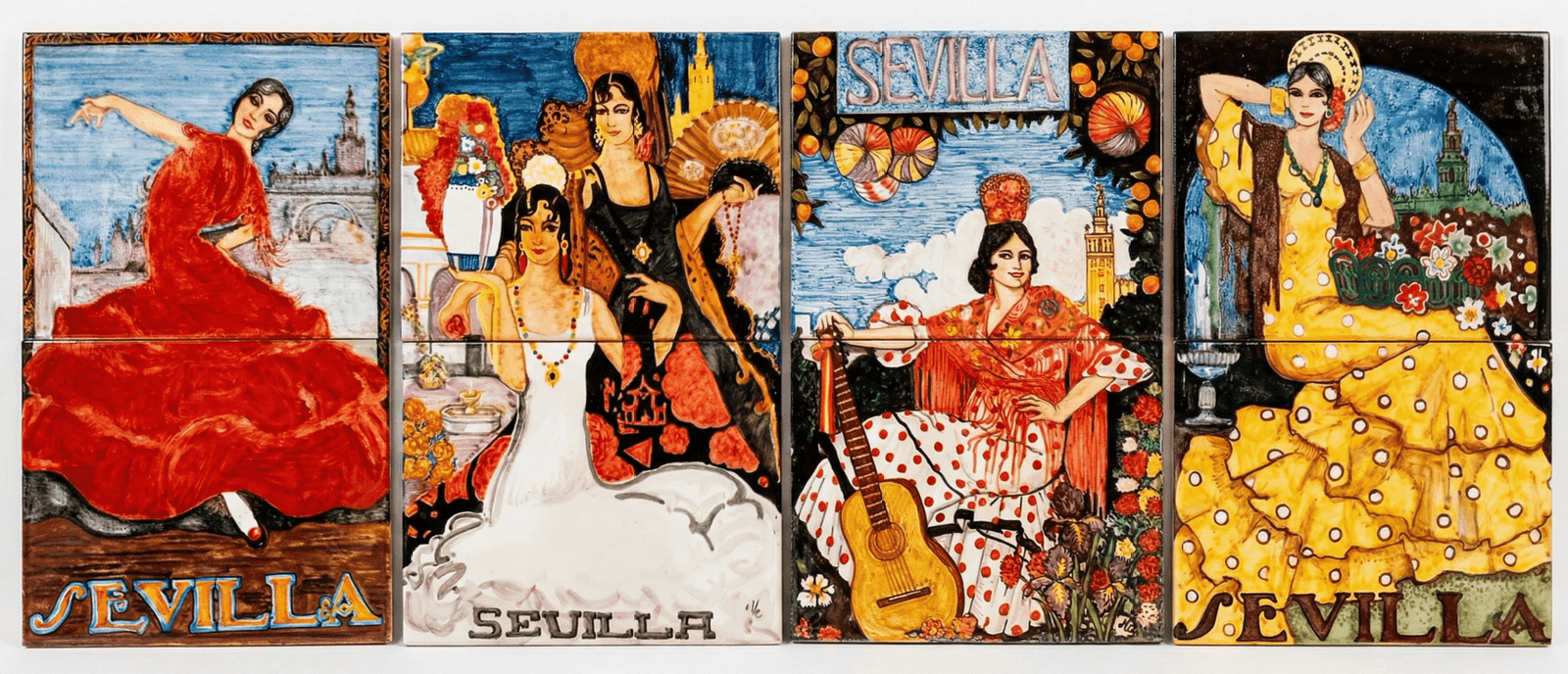 Escena flamenca sevillana pintada sobre cerámica artesanal