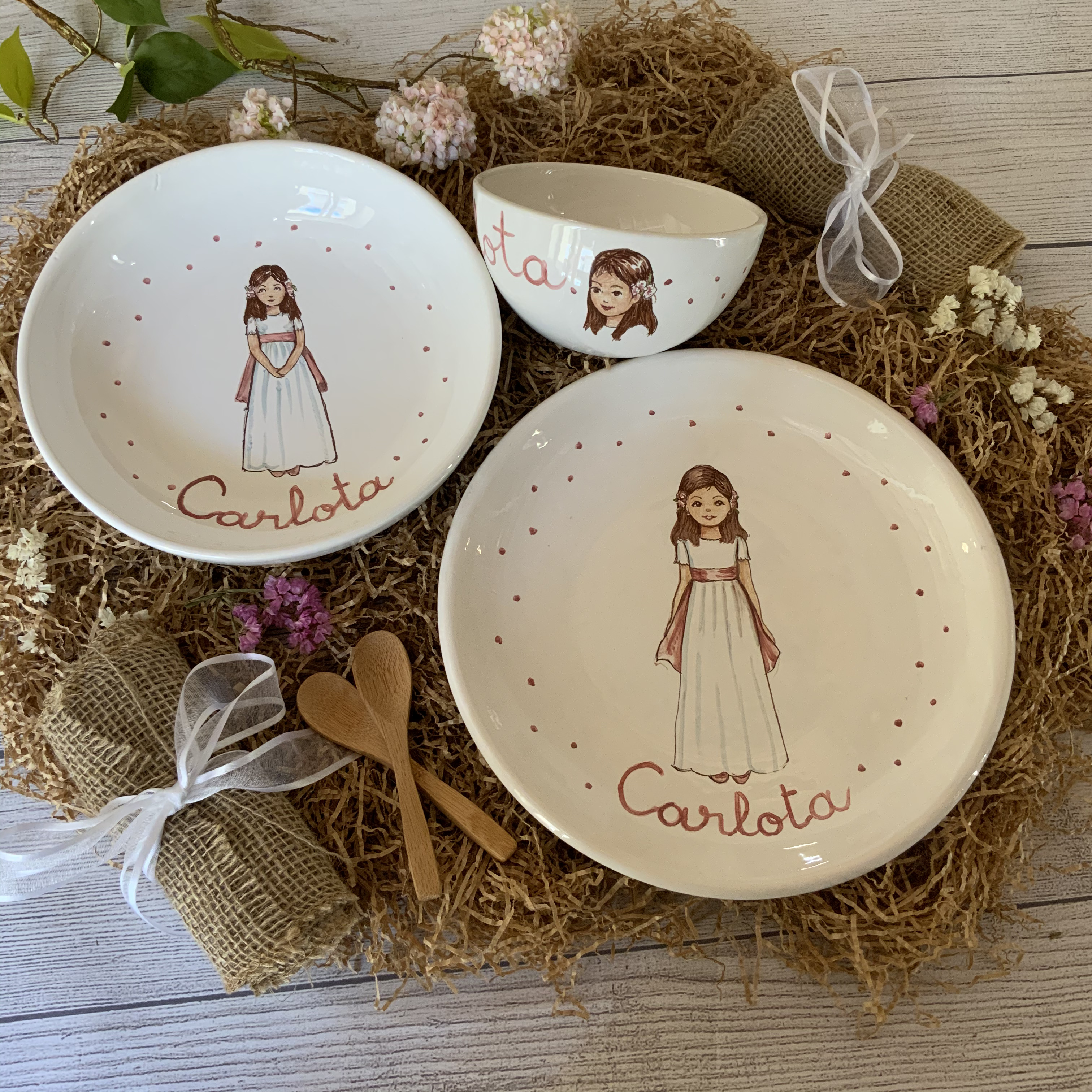 Cuenco y plato infantil cerámica con nombre del bebé